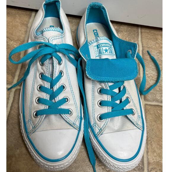 Converse All Star Double Tongue Low Top Sneakers Turquoise Blue and White Size 9 - Picture 2 of 7